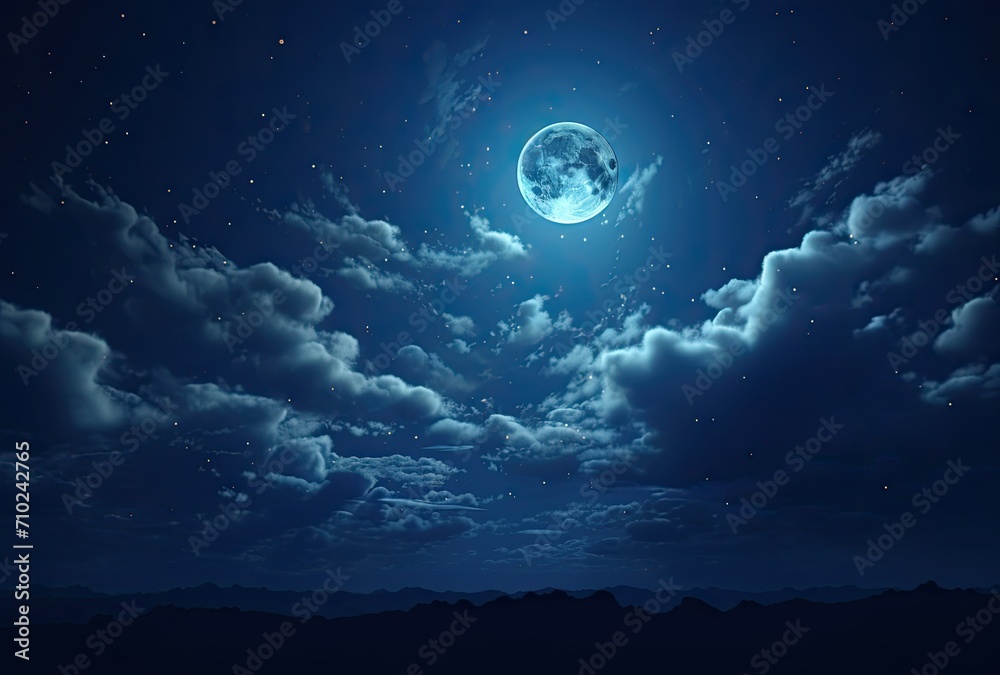The moon is shown among dark blue clouds