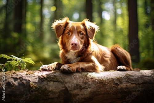 Photo of a red Nova Scotia Duck Tolling Retriever in nature sitting on a log in the forest