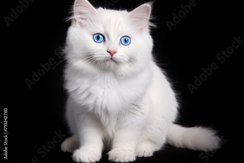 British breed cat with white fur blue eyes sitting and looking into camera on black background from the front