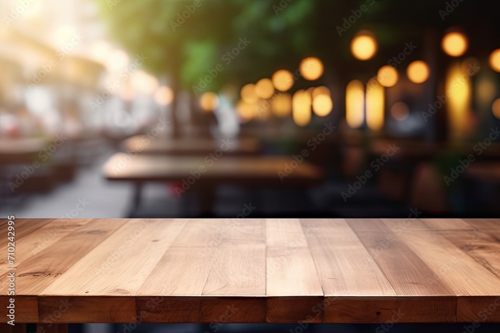 Product display mockup on wood table in modern restaurant or coffee shop with blurry background Interior restaurant counter concept