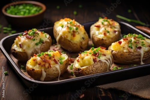 Potatoes covered with cheese and bacon