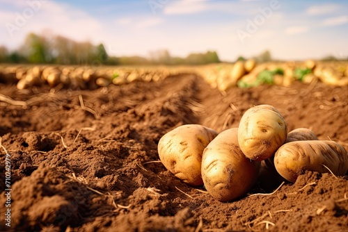 Potatoes freshly dug or harvested in a farm field seen from a low angle on fertile soil symbolizing food growth