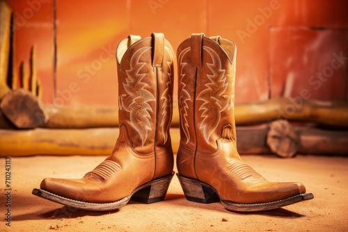 Ranger cowboy boots on orange clay representing the classic American West
