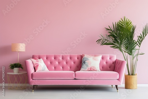 Real photo of a pink couch in a bright living room with a plant and a lamp nearby photo