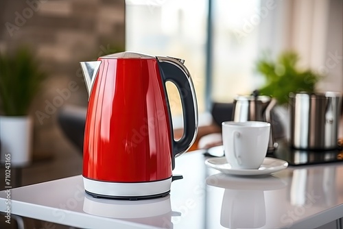 Red electric kettle with a white cup in the kitchen at home photo