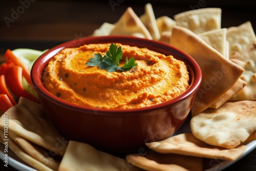 Red pepper hummus with pita chips