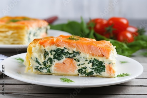 Salmon spinach and soft cheese pie on white wood