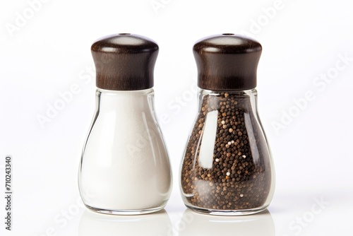 Salt and black pepper in shakers isolated on white