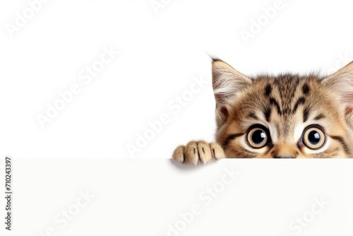 Scottish Straight cat humorously peeks from banner white background