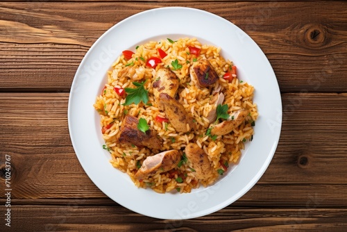 Spanish cuisine Arroz con pollo served on a white plate with veggies on a wooden table