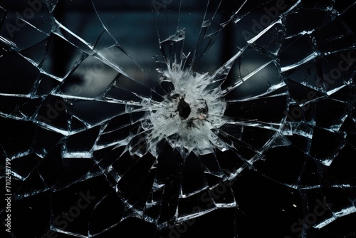 bullet shots creating cracks on black broken glass