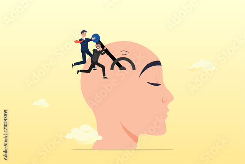 People help shifting or switch gear on human brain, change mindset, attitude or control mind, perception or thought, improve or develop thinking process, belief or optimistic thinking (Vector)