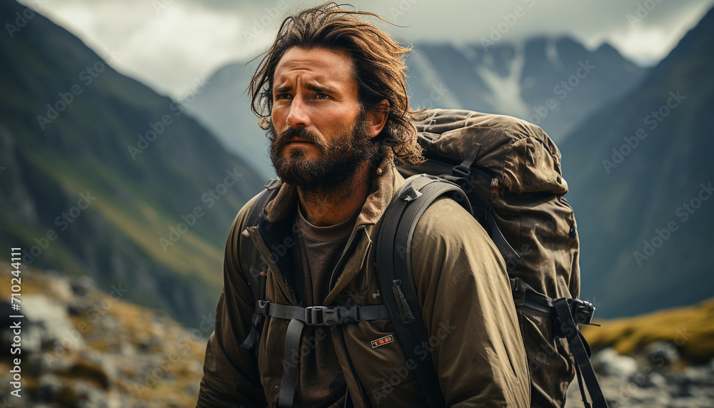One person hiking in the mountain landscape generated by AI One person hiking in the mountain landscape generated by AI