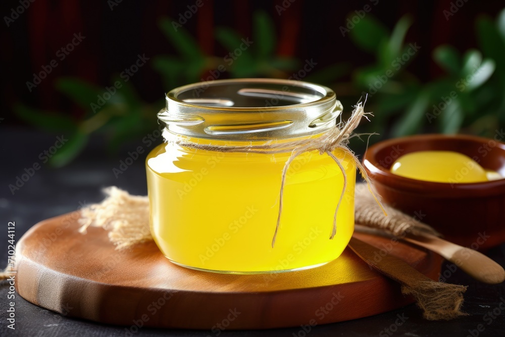 Text space for banner menu or recipe ghee in jar wooden background Text space for banner menu or recipe ghee in jar wooden background