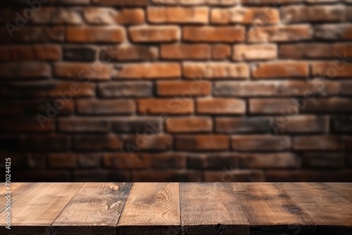 Texture of an empty wooden table and old brick wall for your photomontage or product display