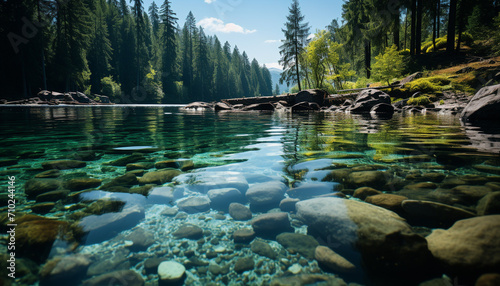 Tranquil scene of mountain peak reflects in pond generated by AI