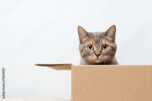 Thai cat sitting in box on white background representing pet life Copy space