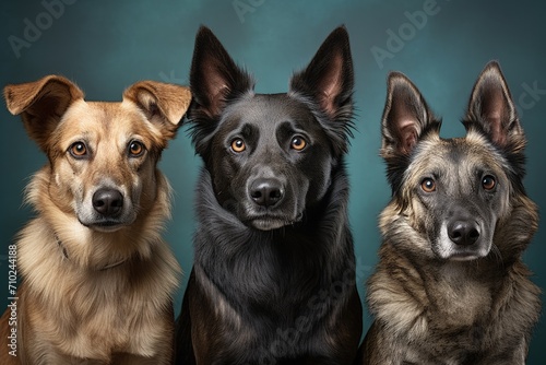 Three shelter dogs photographed in a studio against a plain background