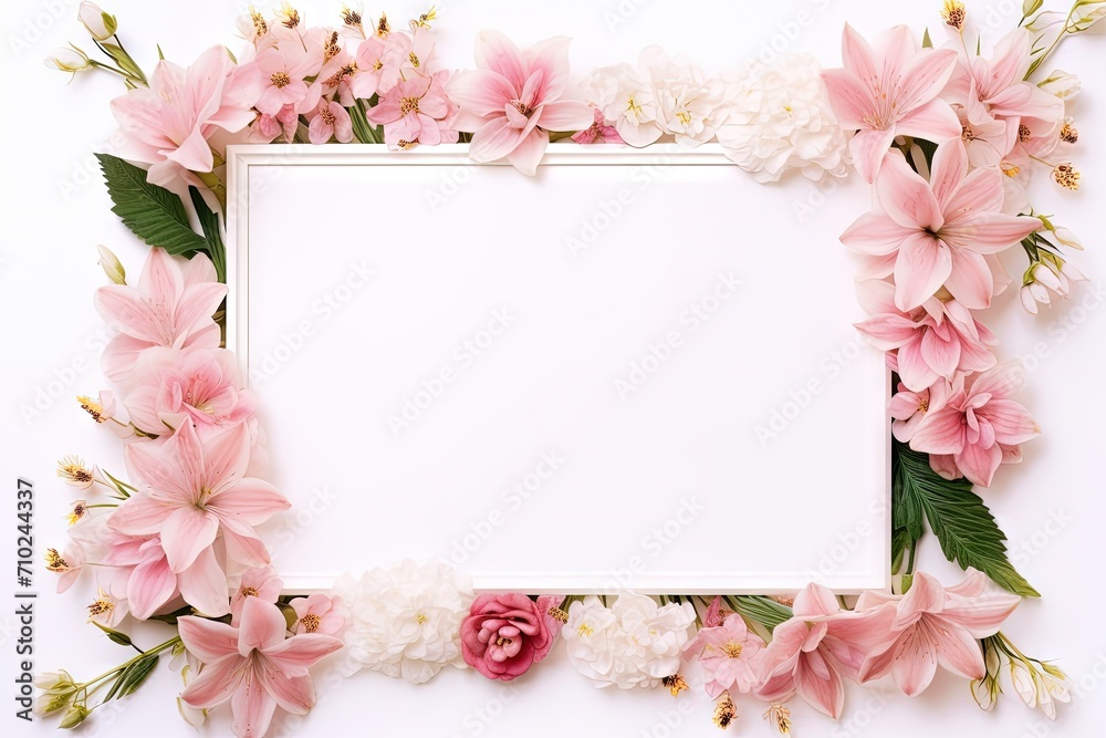 Top view minimalist floral composition with blank copy space made of stunning flower bouquet on white background Top view minimalist floral composition with blank copy space made of stunning flower bouquet on white background