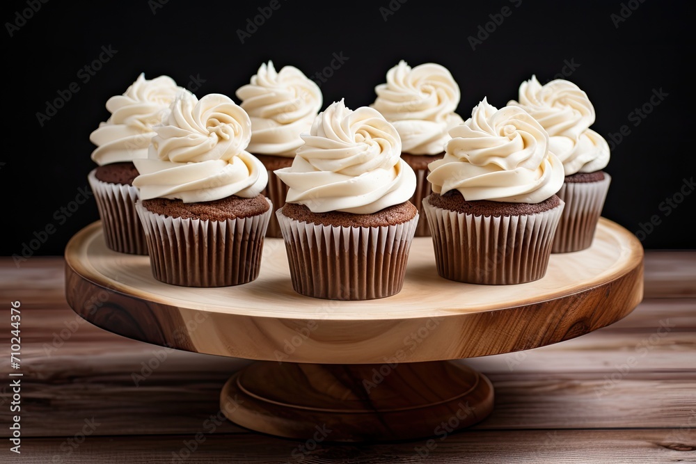 Buttercream cupcakes on wooden stand
