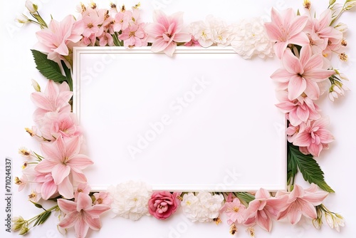 Top view minimalist floral composition with blank copy space made of stunning flower bouquet on white background