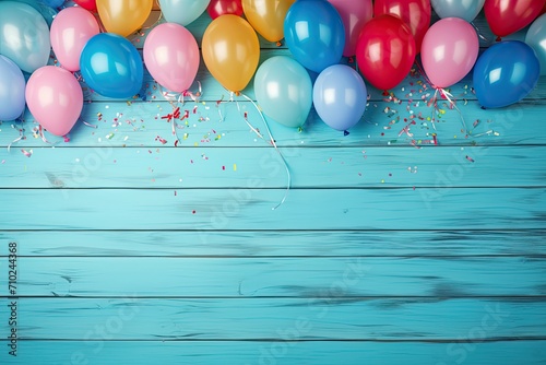 Top view of a flat lay style banner with vibrant balloons on a blue wooden background suitable for parties or birthdays