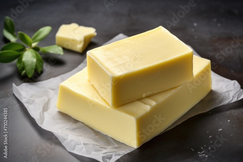 Top view of a fresh butter block with dairy farm products on a gray background