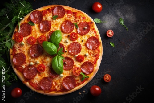 Top view of a delicious pepperoni pizza and cooking ingredients like tomatoes and basil on a black concrete background