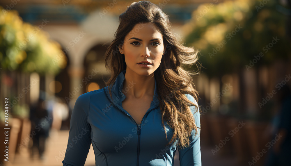 Fototapeta premium Young woman with brown hair, looking at camera generated by AI