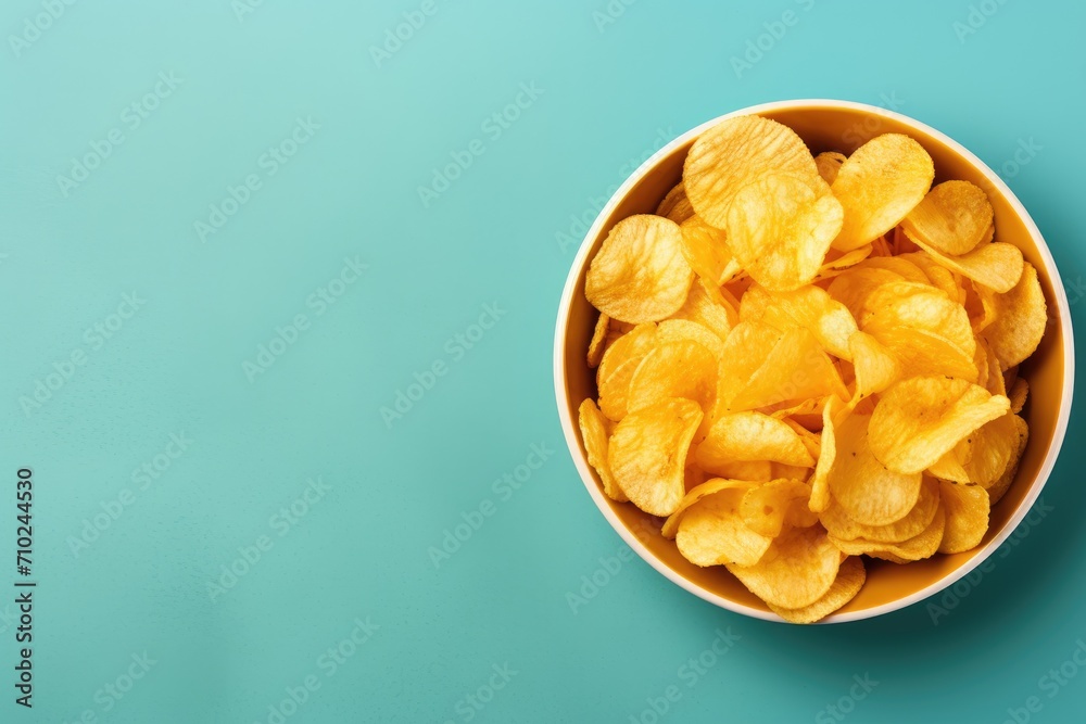Top view of bowl with tasty crispy potato chips on colorful background text space available Top view of bowl with tasty crispy potato chips on colorful background text space available