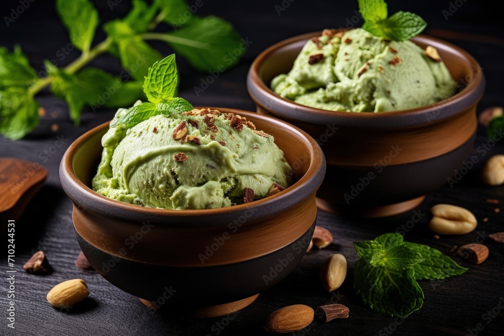 Top view of brown bowls containing pistachio ice cream garnished with nuts and mint leaves set against a light background Top view of brown bowls containing pistachio ice cream garnished with nuts and mint leaves set against a light background
