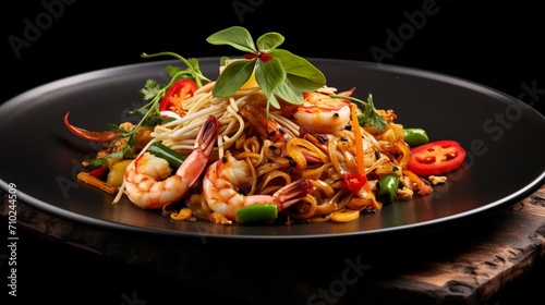 Pad Thai presented on a sleek, black plate, with shrimp positioned to perfection, creating a visually striking and appetizing image.