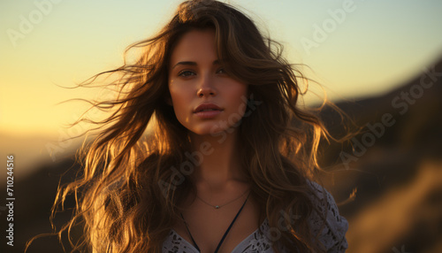 Young woman with long brown hair enjoying the sunset outdoors generated by AI © Jeronimo Ramos