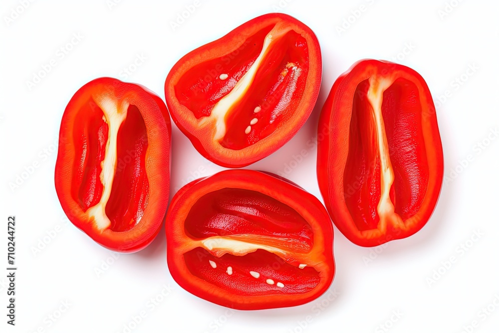 Top view of isolated red bell pepper slices on a white background