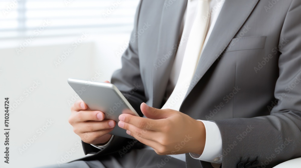 A Close-up of an Asian businesswoman using a mobile phone while working on a laptop computer, white isolated background. A Close-up of an Asian businesswoman using a mobile phone while working on a laptop computer, white isolated background.