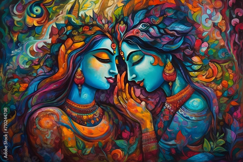 colorful painting of krishna and radha in love
