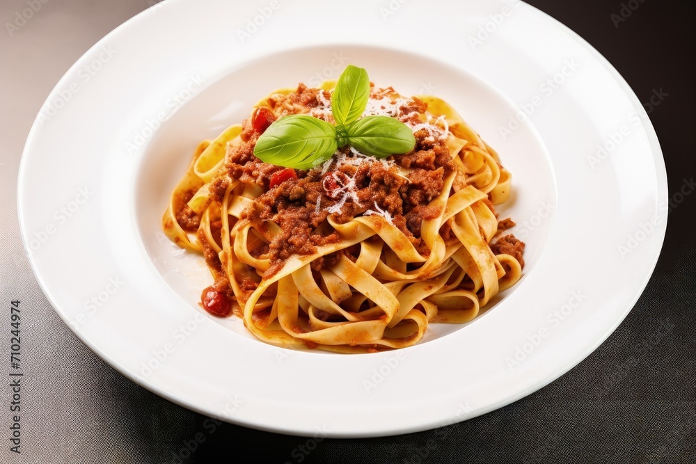 Top view of white bowl with pasta fettuccine Bolognese and tomato sauce