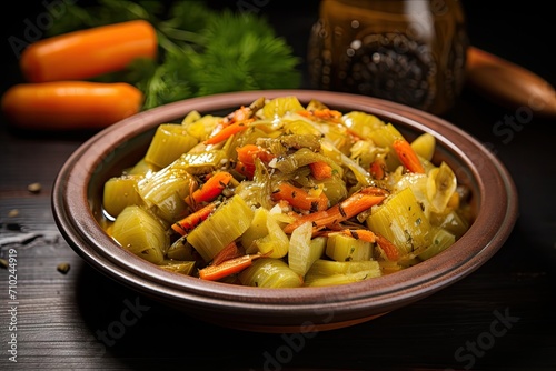 Top view of Turkish braised leeks and carrots in olive oil known as Zeytinyagli Pirasa in Turkish cuisine