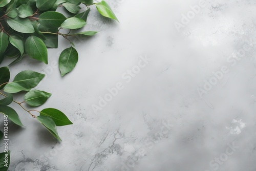 Tree branches with green leaves on a concrete table Old white and gray concrete background Ad board poster mockup Top view copy space photo