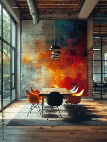 Design a creative startup office with customizable modular furniture, interactive digital screens, and vibrant accent walls, encouraging dynamic collaboration, flexible working space