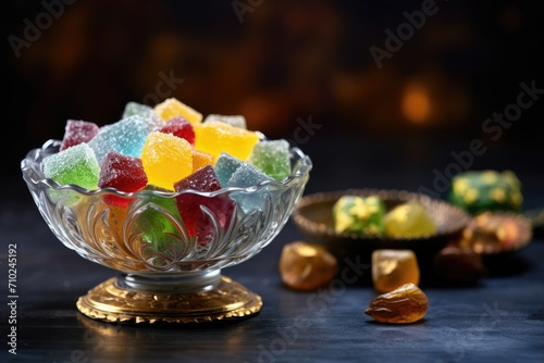 Turkish Ramadan candy in glass bowl with copy space vibrant akide sekeri