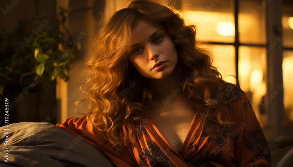 Fototapeta premium A beautiful young woman with long blond hair, sitting outdoors, smiling generated by AI