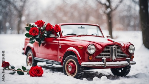 Vintage Red Car Adorned with Red Roses in a Snowy Park © AounMuhammad