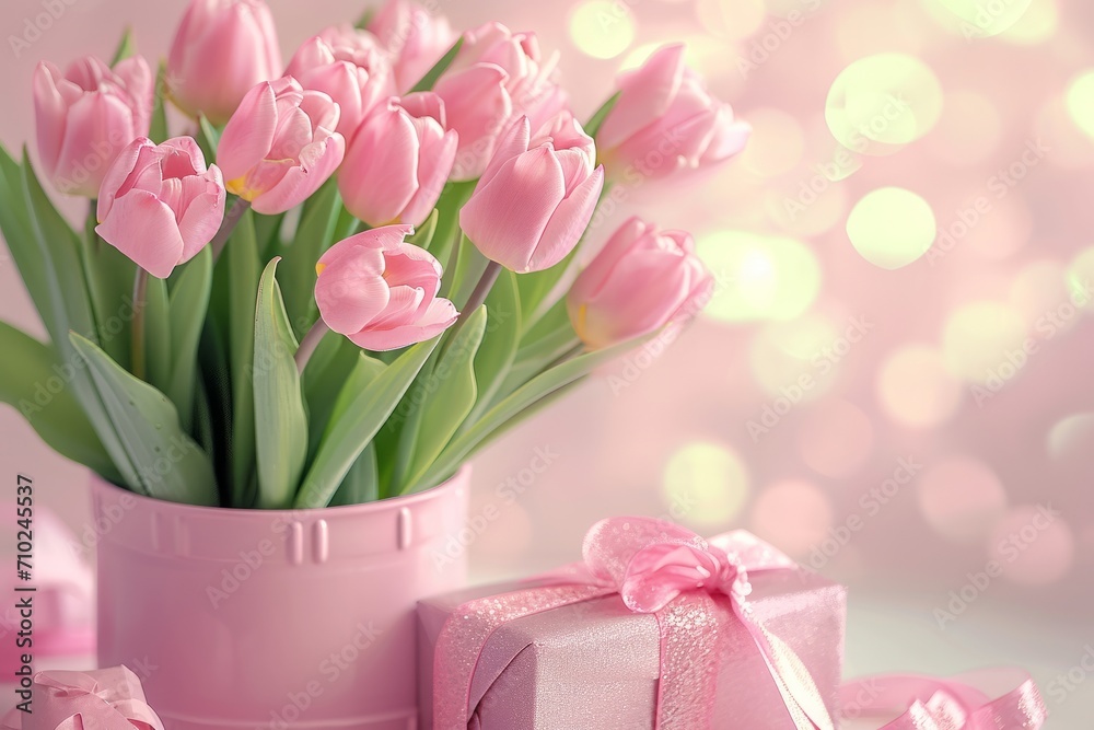 Tulips and Gift with Pink Bow.
Pink tulips in a pot with a present tied with a pink bow, glittering backdrop. Tulips and Gift with Pink Bow.
Pink tulips in a pot with a present tied with a pink bow, glittering backdrop.