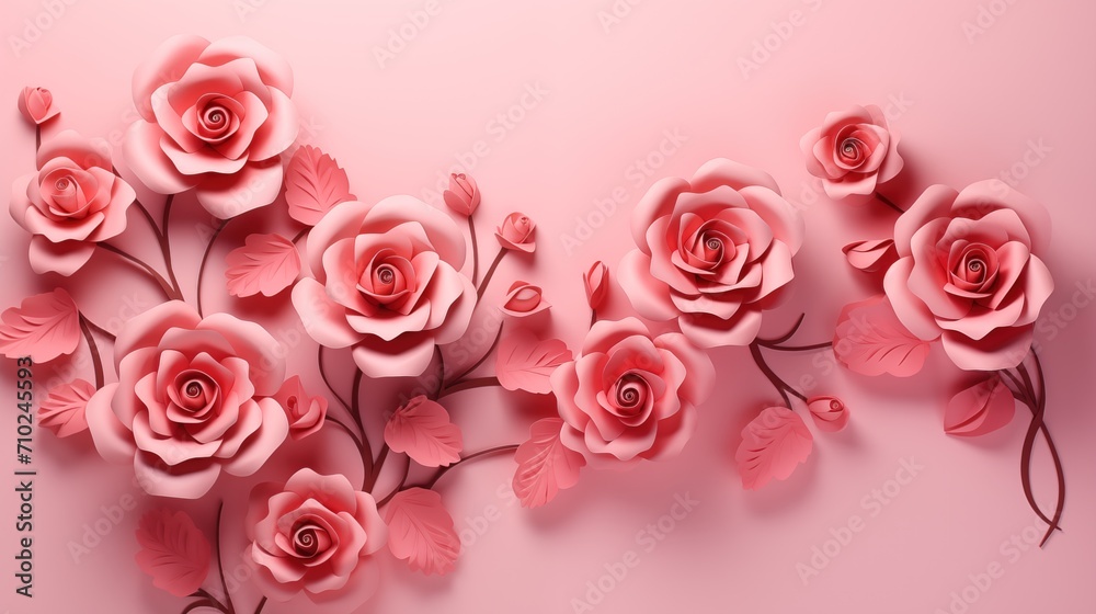 Elegance in Bloom: 3D Pink Roses with Blank Space on Pink Background