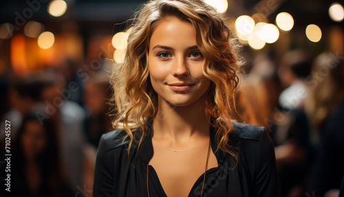 Young adult woman smiling, looking at camera, outdoors generated by AI