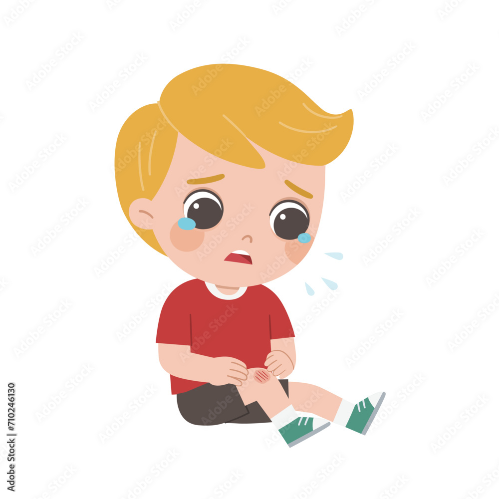 A Boy holding painful wounded leg knee scratch with blood drips. Child broken knee. Bleeding knee injury pain. Kid crying with scraped knee. A Boy holding painful wounded leg knee scratch with blood drips. Child broken knee. Bleeding knee injury pain. Kid crying with scraped knee.