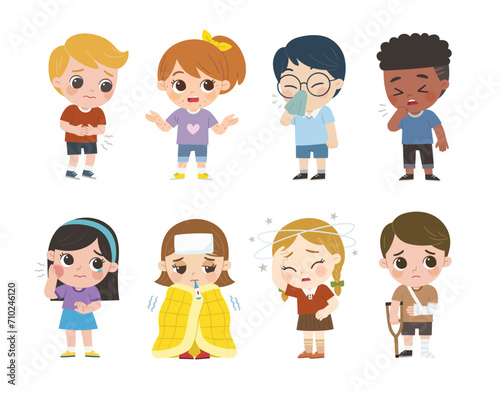 Set of Children get sick. Child has a fever, high temperature. stomach ache , Toothache, Broken limbs.