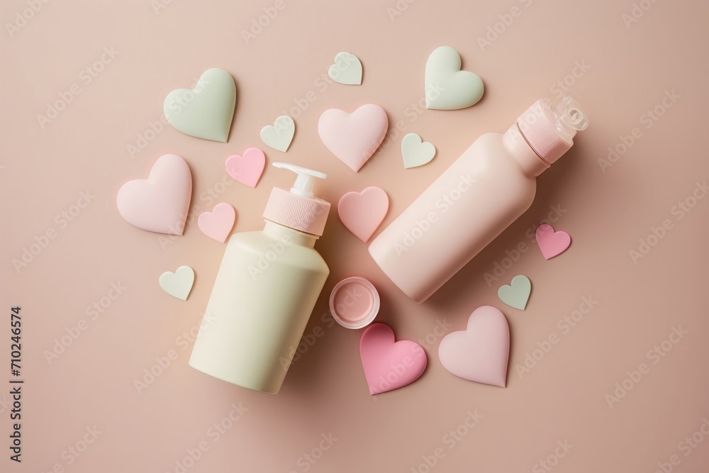 Indulge in luxurious skin care with top view flat lay of pump bottles and pink hearts on a soothing pastel beige background, Generative AI Indulge in luxurious skin care with top view flat lay of pump bottles and pink hearts on a soothing pastel beige background, Generative AI