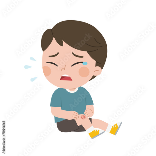 A Boy holding painful wounded leg knee scratch with blood drips. Child broken knee. Bleeding knee injury pain. Kid crying with scraped knee.